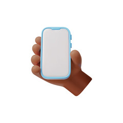 Hand holding a mobile smartphone with white screen 3D vector, afro arm holding gadget with empty display screen mock up