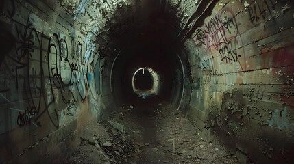 A mysterious photo of a secret underground tunnel covered in graffiti, taken with a hidden camera...