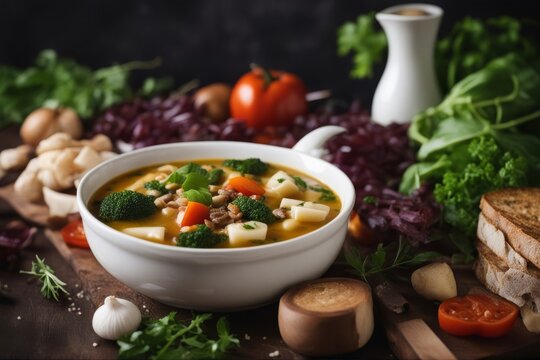 'zuppa verdure ingredienti soup vegetable vegetarian carrot tomatoes courgette potato celery onion food wooden spoon bean epicure nature healthy health diet'