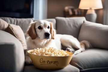 cute home lying popcorn dog tasty sofa funny adorable animal beagle blanket bowl breed canino companion couch cover creative doggy domestic eat food friends friendly fun fur happiness healthy leisure' - obrazy, fototapety, plakaty