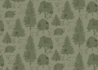 Forest animal vector seamless pattern. Animals and trees illustration. Nature green camouflage wallpaper design. Monochrome background.