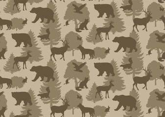 Forest animal vector seamless pattern. Animals and trees silhouette illustration. Nature brown camouflage wallpaper design. Monochrome background.
