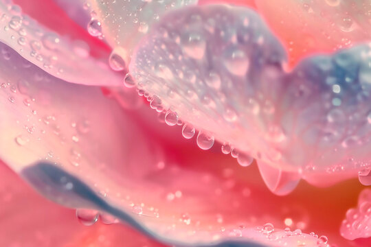 Macro pink flower petal with dew. Elegant floral background with veined petals close-up.