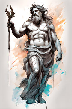 Muscular Greek god Zeus with a muscular body. Drawing of Zeus in Olympus.