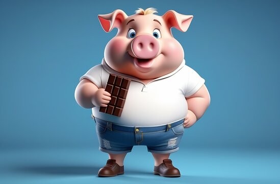 Joyful fat cartoon pig in white T-shirt, denim shorts and boots holds chocolate bar on blue background, concept of snack with sweets, sugar confectionery, delicious dessert