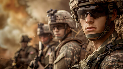 A serious soldier in camo gear stares ahead, ready for duty at the war zone