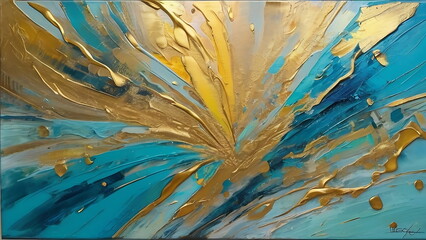 Art Painting Texture Background, Abstract Burst, Vibrant Palette in blue and gold