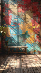 A bench in the interior with a brick wall with peeling paint. - 791762704