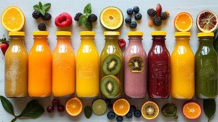 Bottles of Fruits smoothies with various ingredients on white wooden background, top view. Superfoods and healthy lifestyle or detox diet food concept. - obrazy, fototapety, plakaty