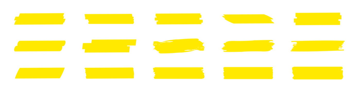 Highlight marker lines. Marker yellow strokes. Hand drawn marker strokes. Text marker stripes. Text highlights and underlining. Brush lines.