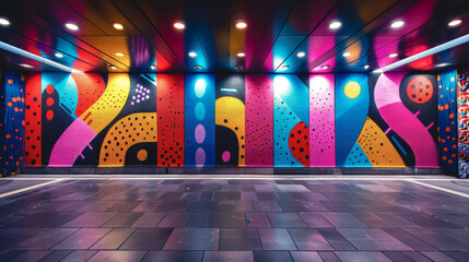 Tunnel with bright graffiti art on the walls. - 791763100