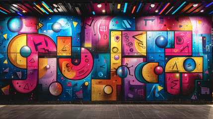 Abstract graffiti pattern on a brick wall in pink, blue and yellow colors. - 791763127