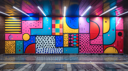 Tunnel with bright graffiti art on the walls. - 791763165
