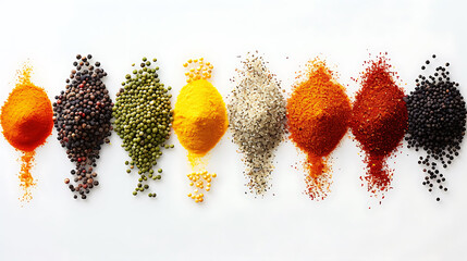 Various colorful spices arranged on a white background