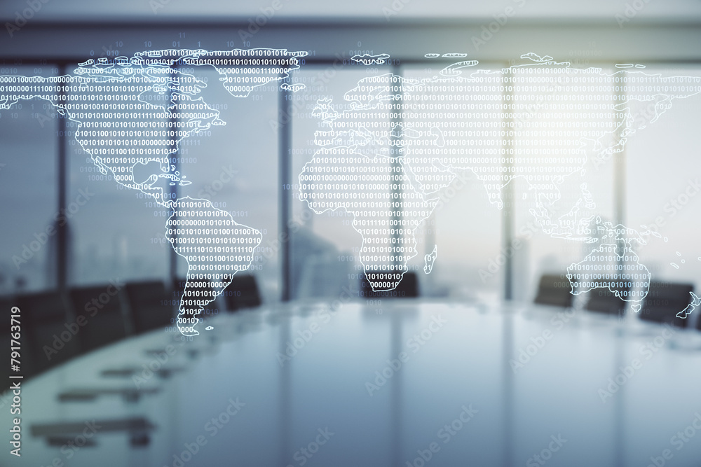 Poster multi exposure of abstract creative digital world map hologram on a modern meeting room background, 