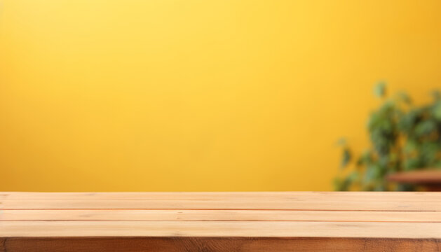 Empty wooden deck table over yellow wallpaper background