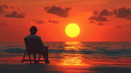 Zelfklevend Fotobehang A person sits on a deck chair and watches the sunset by the sea © jr-art