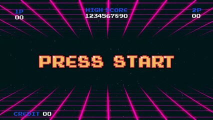 PRESS START INSERT A COIN TO CONTINUE .pixel art .8 bit game.retro game. for game assets in vector illustrations.Retro Futurism Sci-Fi Background. glowing neon grid.and stars from vintage arcade comp - Powered by Adobe