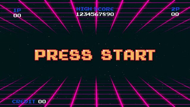 PRESS START INSERT A COIN TO CONTINUE .pixel art .8 bit game.retro game. for game assets in vector illustrations.Retro Futurism Sci-Fi Background. glowing neon grid.and stars from vintage arcade comp