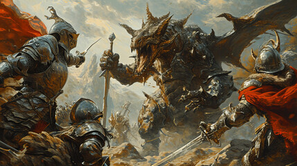 Creative fantasy illustration of knights attacking a dragon - obrazy, fototapety, plakaty