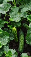 Obraz premium Young cucumbers peek through dew-covered leaves in a lush garden, symbolizing natural growth and healthy produce.