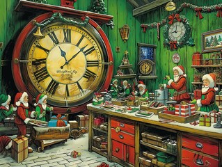 A group of elves are working in a Christmas shop, with a large clock in the background. The clock is set to the time of 12:00