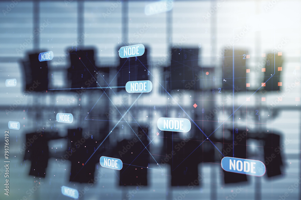 Poster Multi exposure of abstract programming language hologram on a modern furnished office interior background, artificial intelligence and machine learning concept