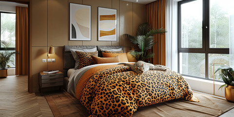 Interior of modern bedroom with bedclothes decorated with leopard pattern.