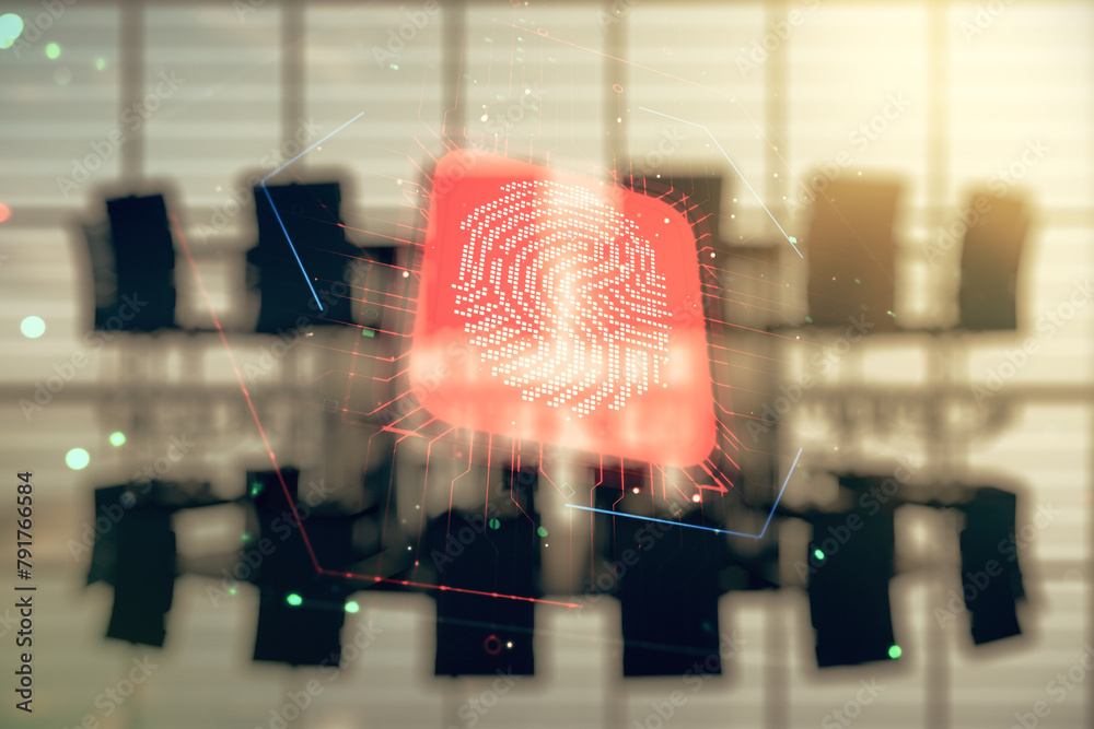 Poster Multi exposure of virtual creative fingerprint hologram on a modern meeting room background, personal biometric data concept