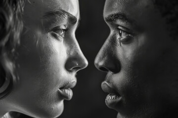 Fototapeta premium Two people with their faces close together, one is a woman