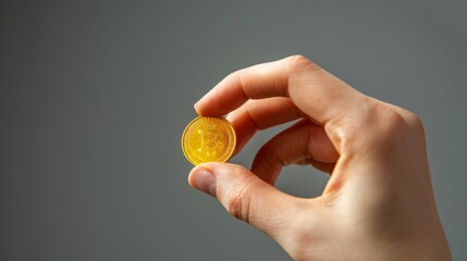 Modern advertisement image of a hand gently holding a gold coin, set against a sleek, gray isolated background, emphasizing clarity and value, studio lighting