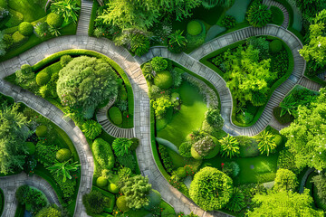 Fototapeta premium A green garden with a winding path and a tree in the middle