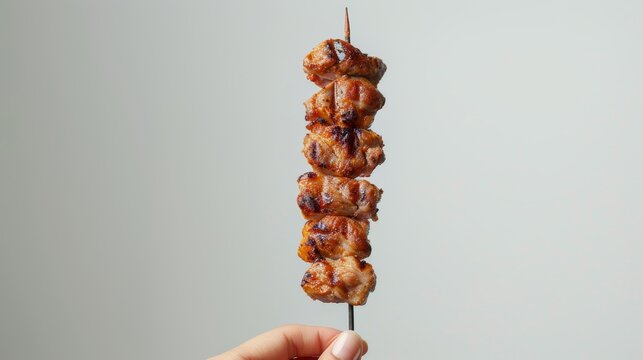 Minimalistic yet powerful ad image of a hand elegantly presenting a pork skewer, with sharp focus and a soft, isolated background