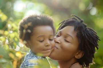 Tender Moment Between Mother and Son Outdoors, Warm Embrace in Nature