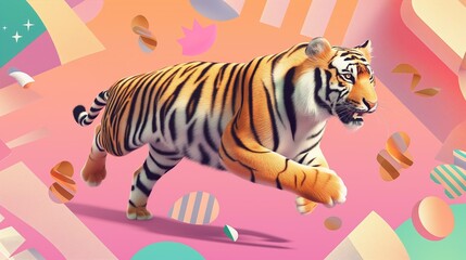 Vibrant Illustration of a Tiger Prowling in a Colorful Abstract Landscape