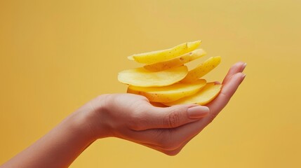 Stylish and minimalistic advertisement featuring a hand and potato slices, with a focus on simplicity and taste, isolated background, studio lighting