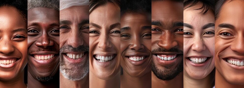 A wide banner image showcasing a collage of eight diverse individuals, each smiling broadly, portraying joy and positivity.
