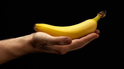 Elegant photo of a hand and a banana, positioned as a natural snack option, isolated black background for dramatic effect, studio lighting