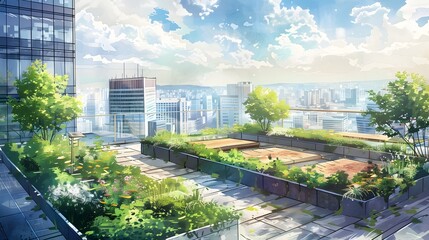 Obraz premium Skyscraper Rooftop Transformed into a Thriving Urban Oasis through Watercolor Fusion