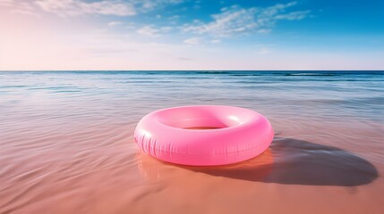 Fototapeta na wymiar Close up of a pink inflatable Swim Ring on the Sand. Beautiful Summer Vacation Background