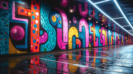 Tunnel with bright graffiti art on the walls. - 791767967
