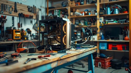 Fototapeta premium Custom Computer Case Craftsmanship: A DIY Enthusiast's Imaginative Workshop Masterpiece