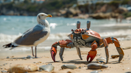 A_robotic_crab_scuttles_across_the_beach - obrazy, fototapety, plakaty
