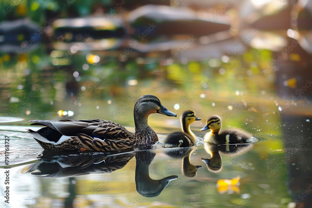 Wall mural A family of ducks swimming peacefully in a tranquil pond.