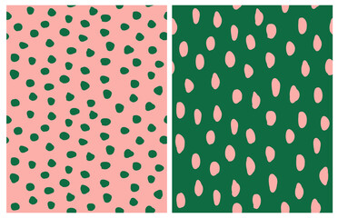 Set of 2 Abstract Seamless Patterns with Hand Drawn Irregular Dots and Spots on a Coral Pink and Green Background. Simple Geometric Dotted Design. Funny Repeatable Abstract Doodle Print. - 791768752