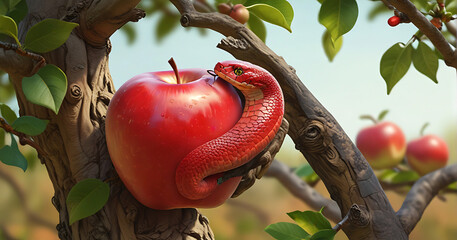 A Snake on an apple tree next to a red apple representing original sin, selective focus and detailed, red
