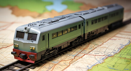 A detailed Train model on a world map , rail transportation or train journey concept image with copy space, cloesup