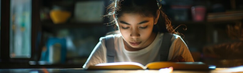 A young girl is immersed in studying a book, showing a look of deep concentration in a warm home setting