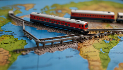 A detailed Train model on a world map , rail transportation or train journey concept image with copy space, bridge