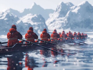 A group of rowers are in a boat on a lake. The rowers are wearing red and yellow clothing. The water is calm and the sky is clear - obrazy, fototapety, plakaty